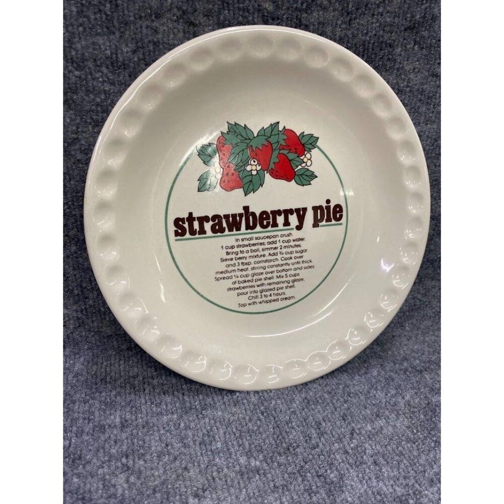 Vintage Ceramic Strawberry Pie Baking Pan Dish Plate with Recipe